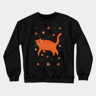 Cool orange cat in flower field illustration Crewneck Sweatshirt